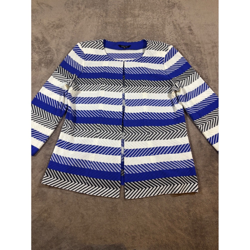 Misook Blue White Black Stripe Knit Jacket Large Open Front Blazer Womens Large